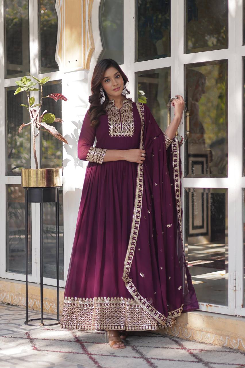 Awesome Georgette Embroidered Work Yellow & Wine Color Gown LW-9210