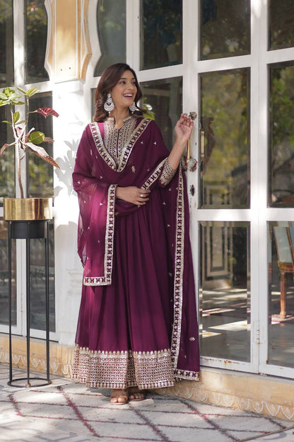 Awesome Georgette Embroidered Work Yellow & Wine Color Gown LW-9210