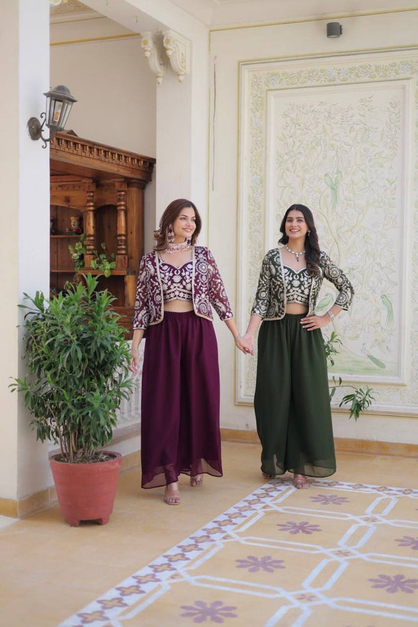 Alluring Georgette Mehndi & Wine Color Palazzo Suit With Koti Ram-069