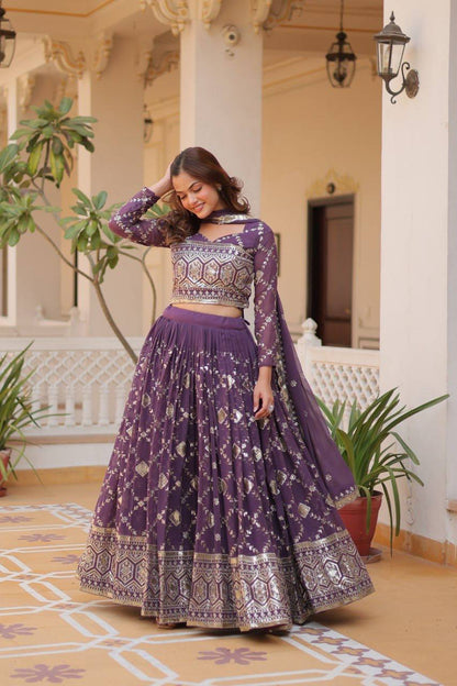 Admiring Embroidery Work Purple & Mehndi Color Lehenga Choli Ram-061