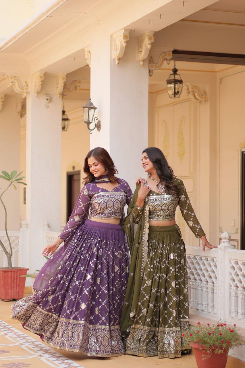 Admiring Embroidery Work Purple & Mehndi Color Lehenga Choli Ram-061