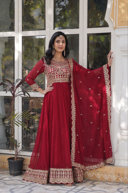 Classy Sequins Work Red & Wine Color Gown KA-1137