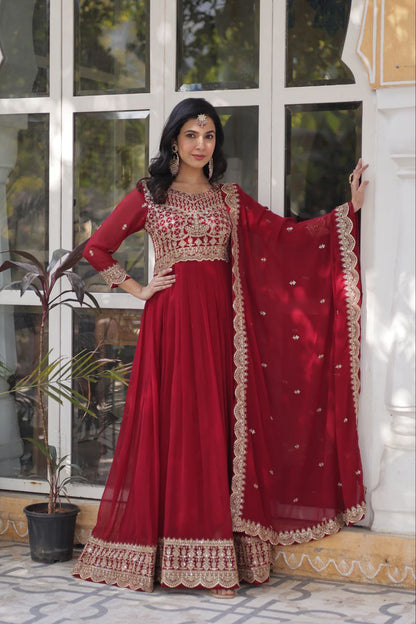 Classy Sequins Work Red & Wine Color Gown KA-1137