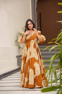 Orange Floral Print Muslin Anarkali Suit Set with Half Sleeves