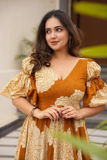 Orange Floral Print Muslin Anarkali Suit Set