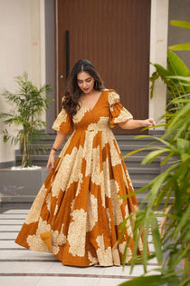 Orange Floral Print Muslin Anarkali Suit Set