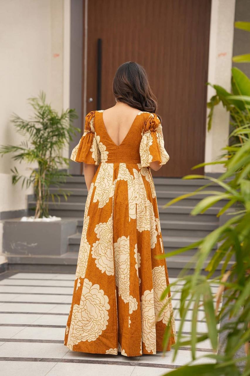 Elegant Maslin Digital Print Orange Color Gown