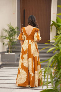 Orange Floral Print Muslin Anarkali Suit Set