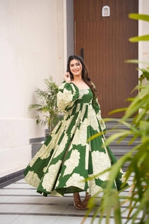 Green Muslin Floral Print Anarkali Suit Set