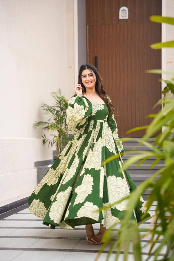 Trendy Digital Print Green Color Gown