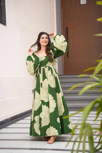 Green Muslin Floral Print Anarkali Suit Set with Full Sleeves
