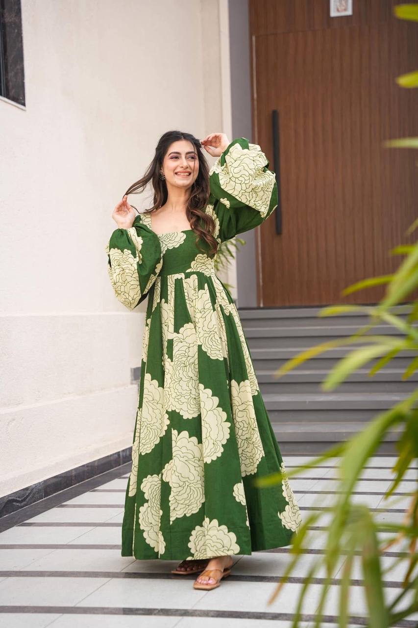 Trendy Digital Print Green Color Gown