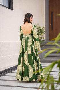 Green Muslin Floral Print Anarkali Suit Set
