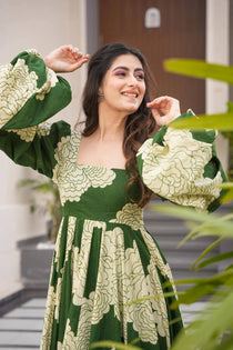 Green Muslin Floral Print Anarkali Suit Set
