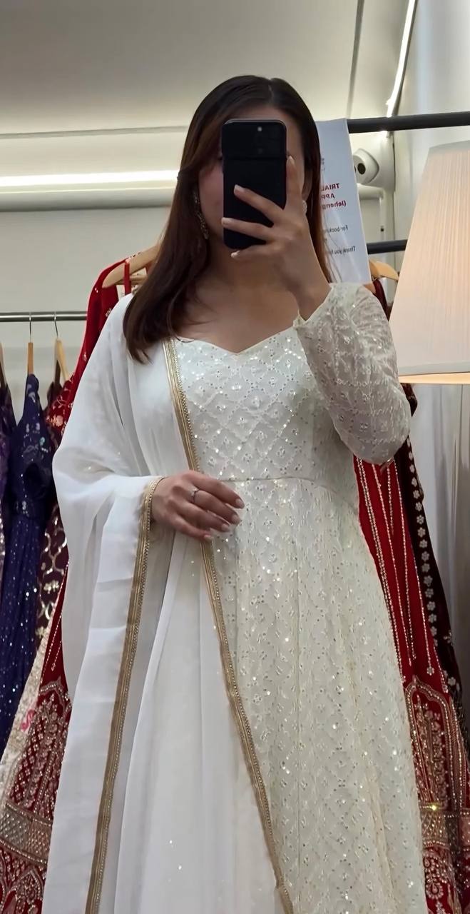 Off White Faux Blooming Sequin Embroidered Anarkali Suit Set