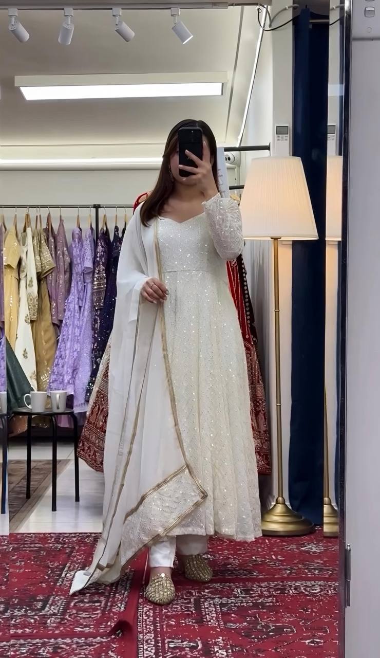 Off White Faux Blooming Sequin Anarkali Suit Set with Dupatta