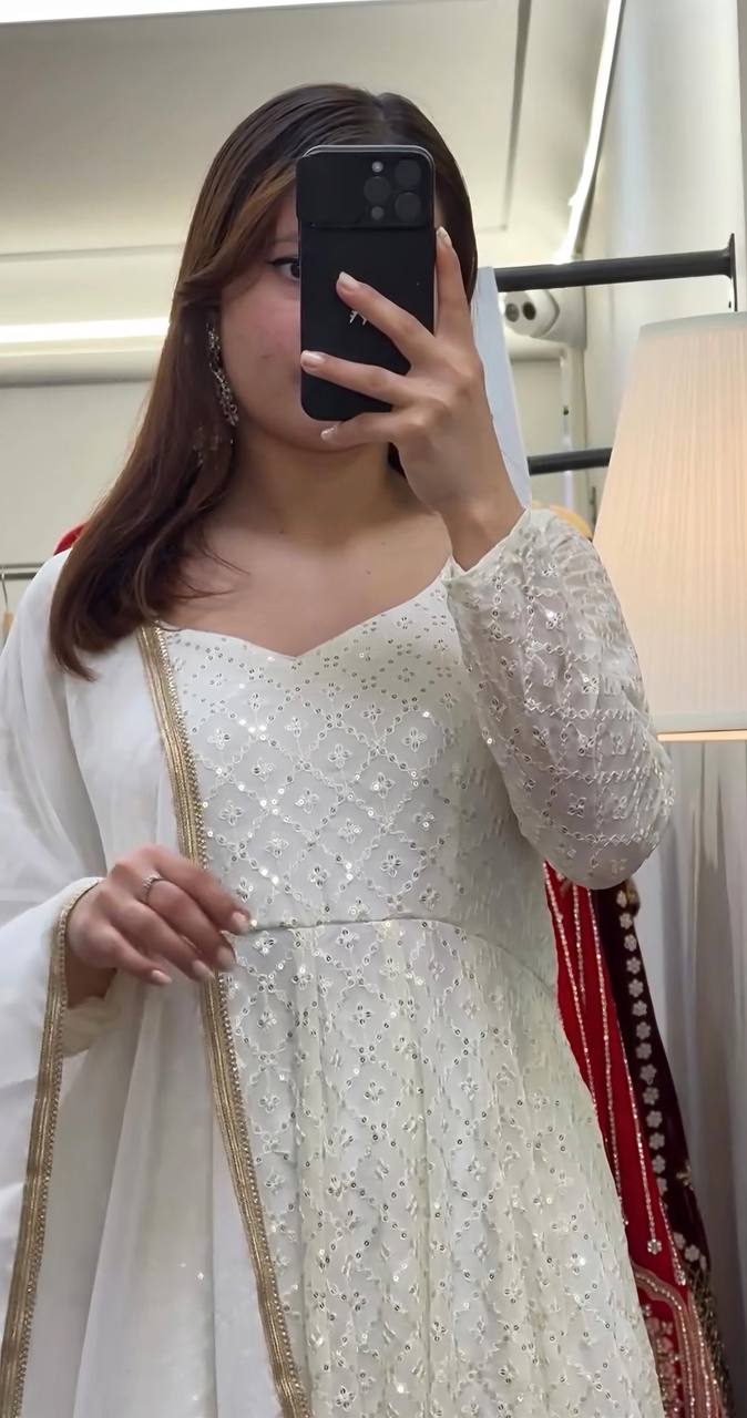 Off White Faux Blooming Sequin Embroidered Anarkali Suit Set