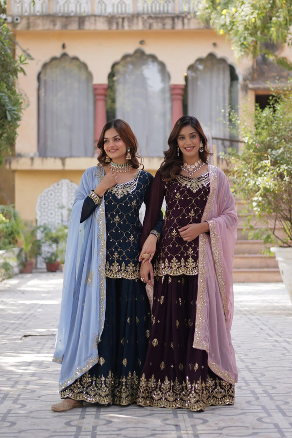 Delightful Heavy Work Navy Blue & Wine Color Sharara Suit KA-1145