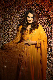 Mustard Yellow Sequin Embroidered Kali Cut Anarkali Suit Set with Dupatta