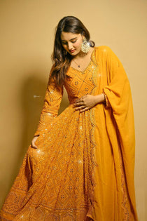Mustard Yellow Sequin Embroidered Anarkali Suit Set