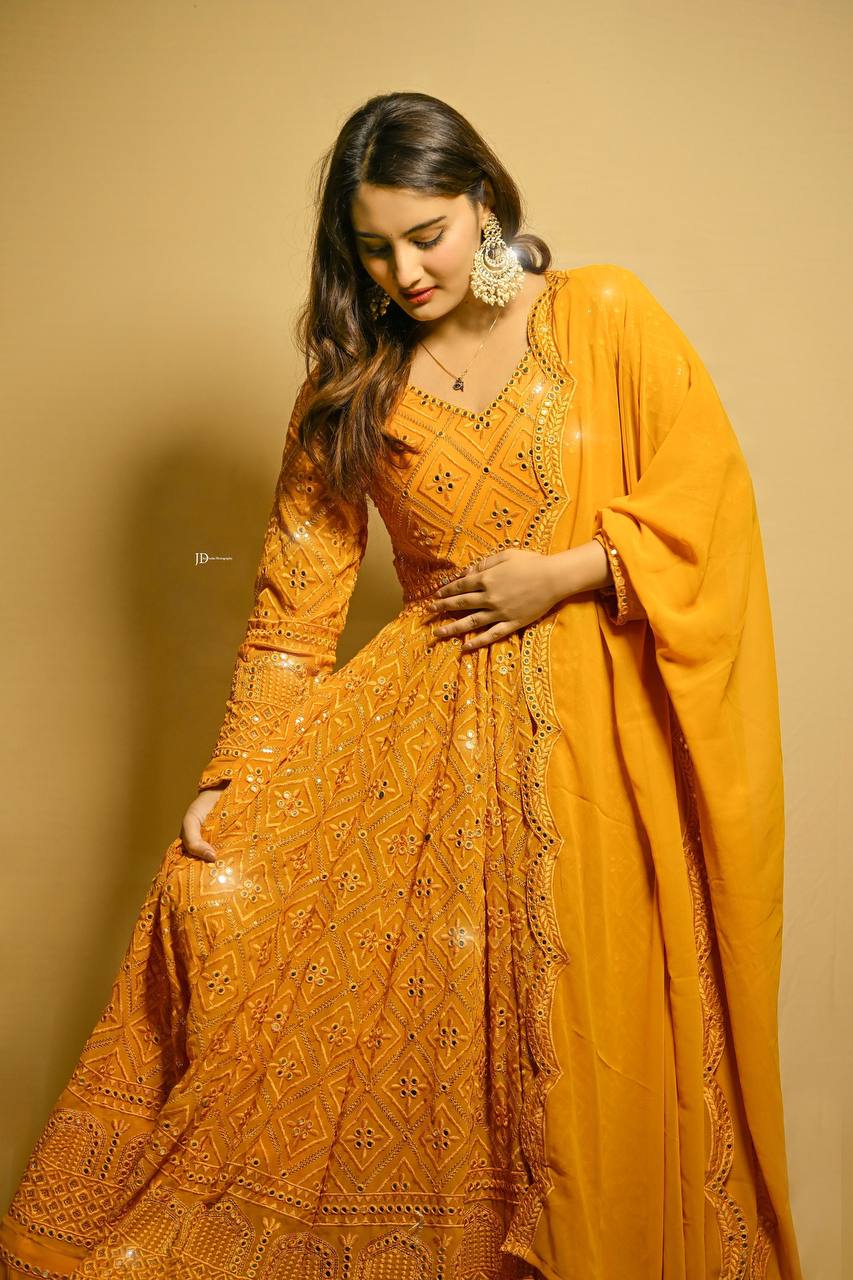 Trendy Embroidered Work Mustard Color Gown