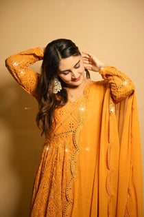 Mustard Yellow Sequin Embroidered Anarkali Suit Set