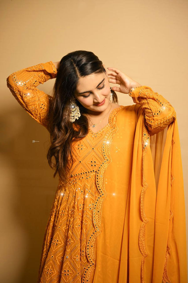 Trendy Embroidered Work Mustard Color Gown