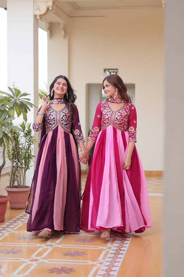 Designer Georgette Embroidery Work Pink & Wine Gown Ram-079