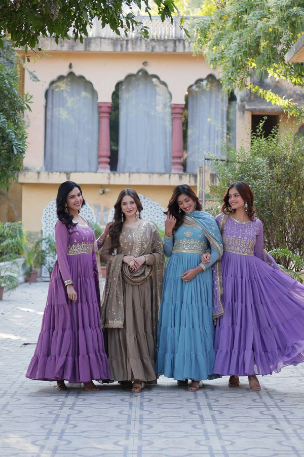 Awesome Star Georgette Wine, Brown, Sky Blue & Lavender Color Gown