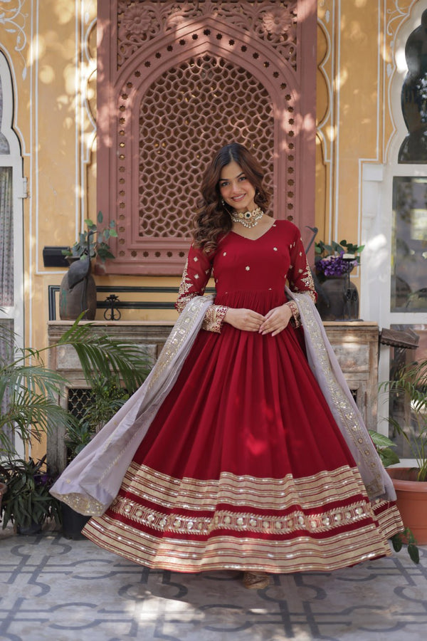 Fabulous Embroidery Work V Neck Red Color Gown KA-1148