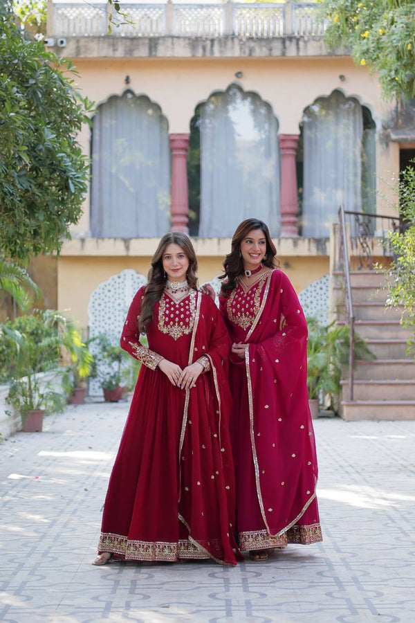 Fabulous Georgette Maroon & Pink Color Gown LW-9216