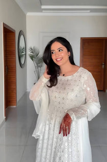 White Sequin Embroidered Anarkali Palazzo Set