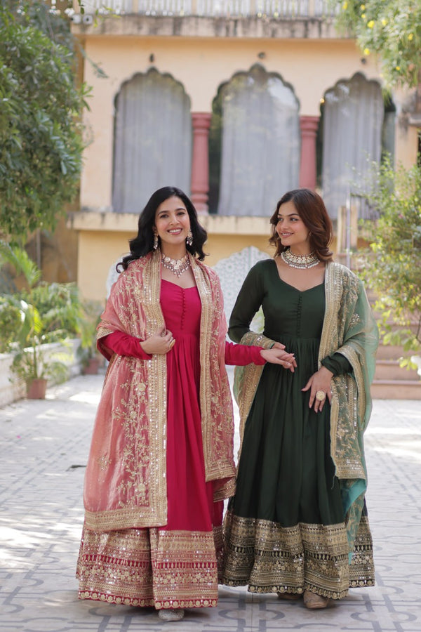 Glimmering Embroidery Work Pink & Green Color Gown KA-1140
