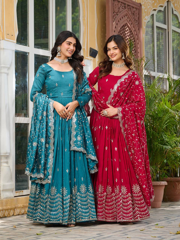 Awesome Sequence Embroidery Work Red And Rama Color Gown Ram-097