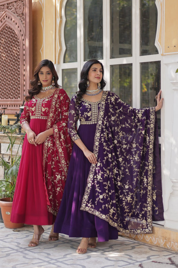 Attractive Pink And Purple Color Embroidered Work Gown LW-9224