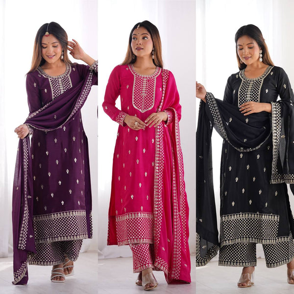 Casual Wear Sequence Work Wine, Pink & Black Color Palazzo Suit KB-282