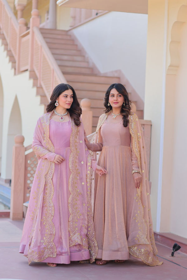 Attractive Embroidered Work Lavender & Peach Color Anarkali Gown LW-9235