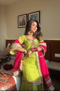 Parrot Green Embroidered Sharara Suit Set