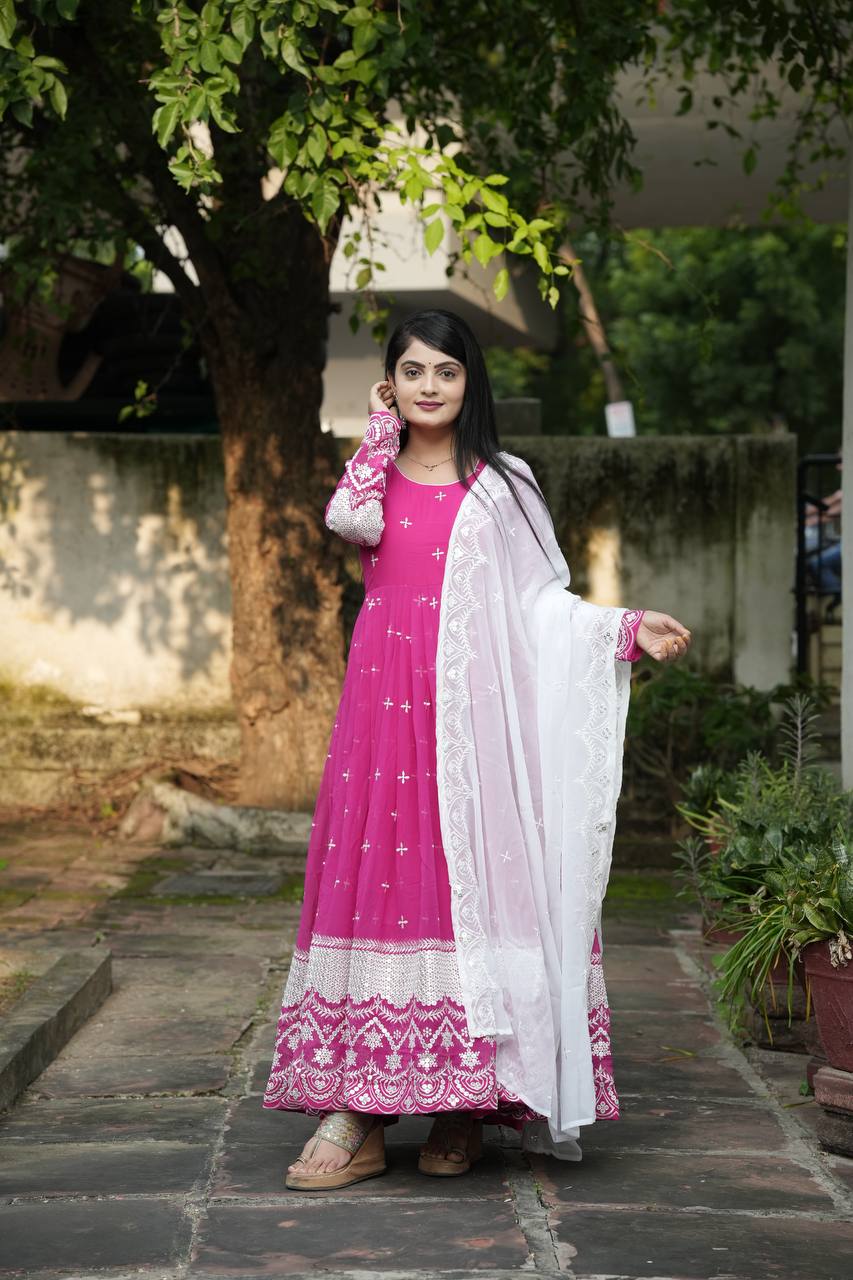 Pink Faux Blooming Embroidered Anarkali Suit Set with White Dupatta