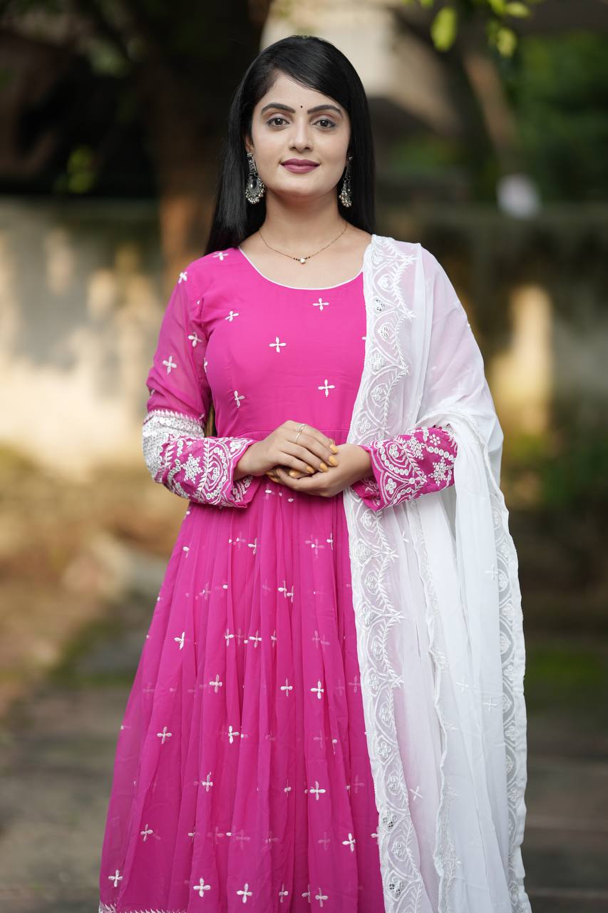 Pink Faux Blooming Embroidered Anarkali Suit Set