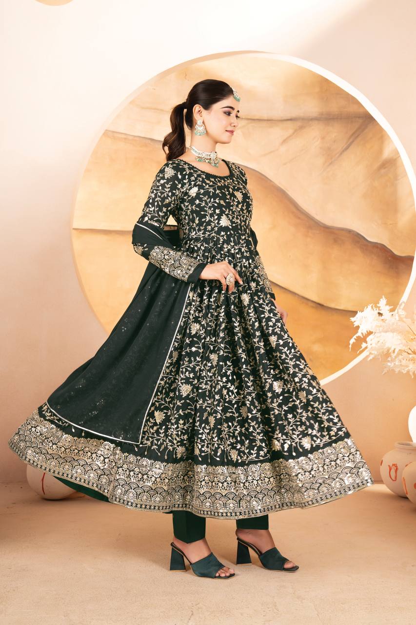 Outstanding Heavy Work Dark Green Color Anarkali Gown Main image