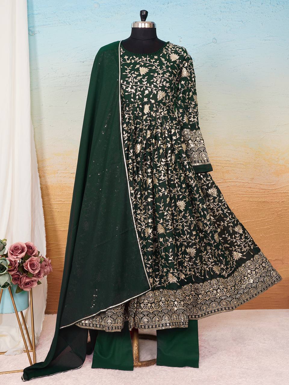 Outstanding Heavy Work Dark Green Color Anarkali Gown