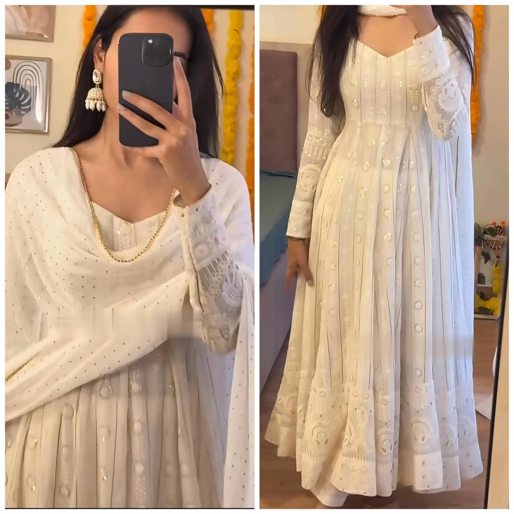 White Color Multi Theard Work Stylish Anarkali Gown TD-6065