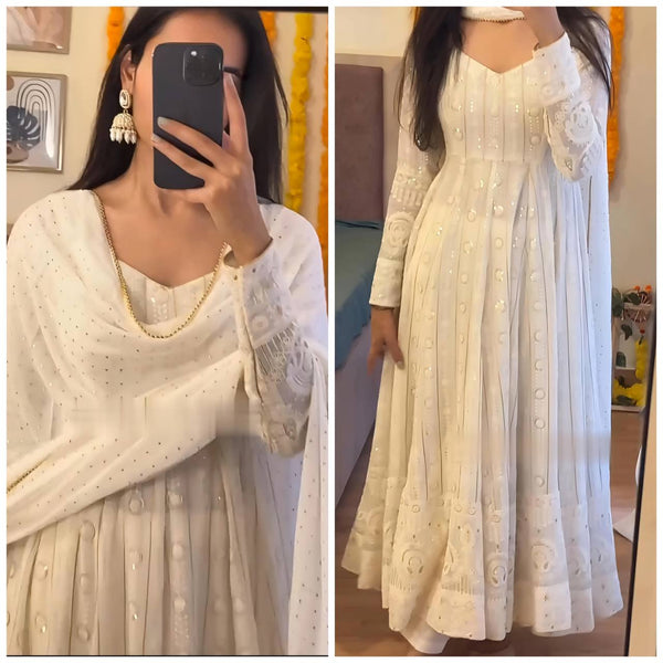 White Color Multi Theard Work Stylish Anarkali Gown TD-6065