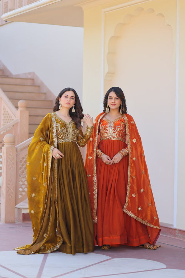 Function Wear Mehndi & Orange Color Anarkali Gown LW-9234