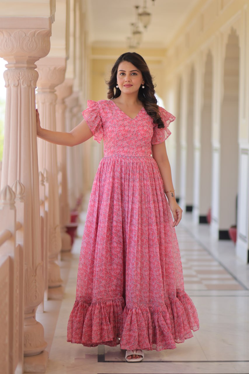 Attractive Georgette With Print Pink Color Anarkali Gown Main image