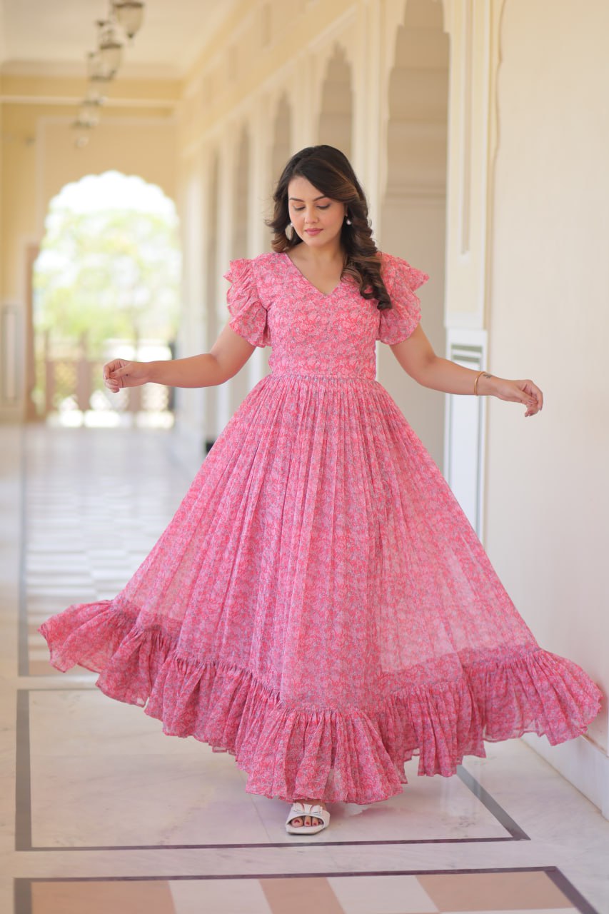 Attractive Georgette With Print Pink Color Anarkali Gown Secondary image