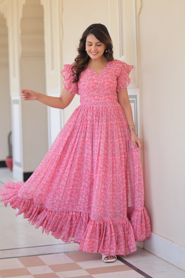 Attractive Georgette With Print Pink Color Anarkali Gown