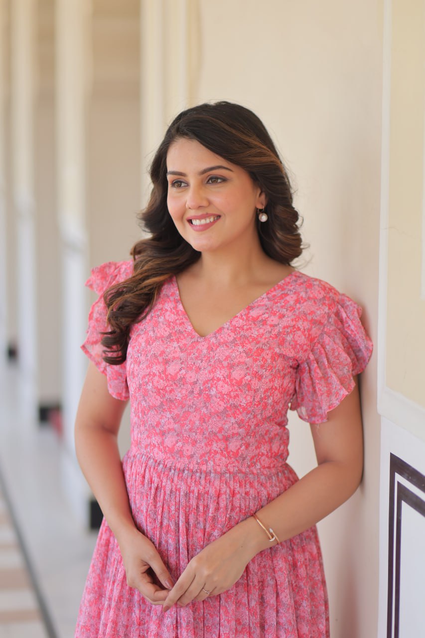 Attractive Georgette With Print Pink Color Anarkali Gown