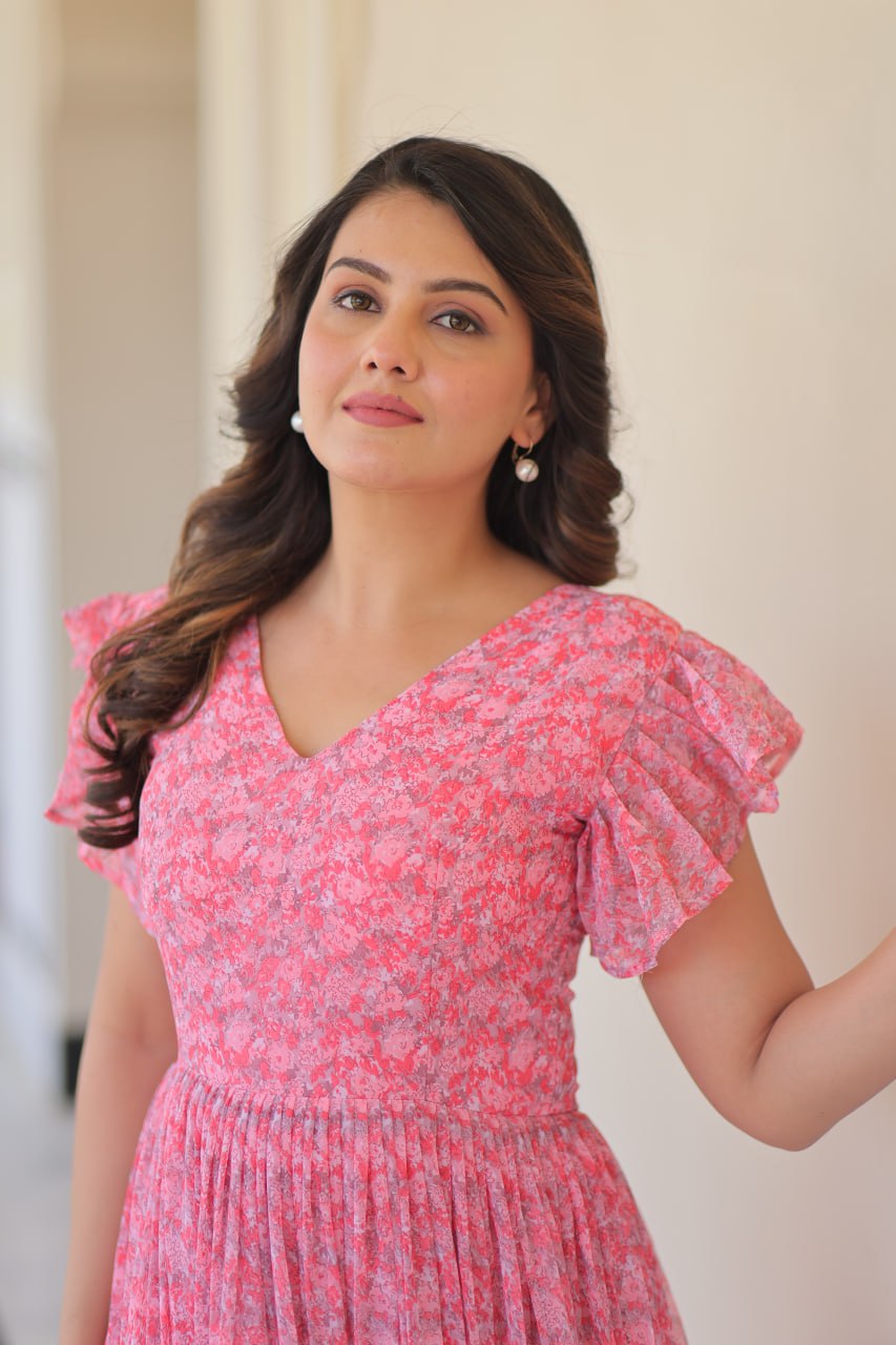 Attractive Georgette With Print Pink Color Anarkali Gown